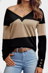 Decorative Button Contrast V-Neck Long Sleeve T-Shirt OutfitFlow